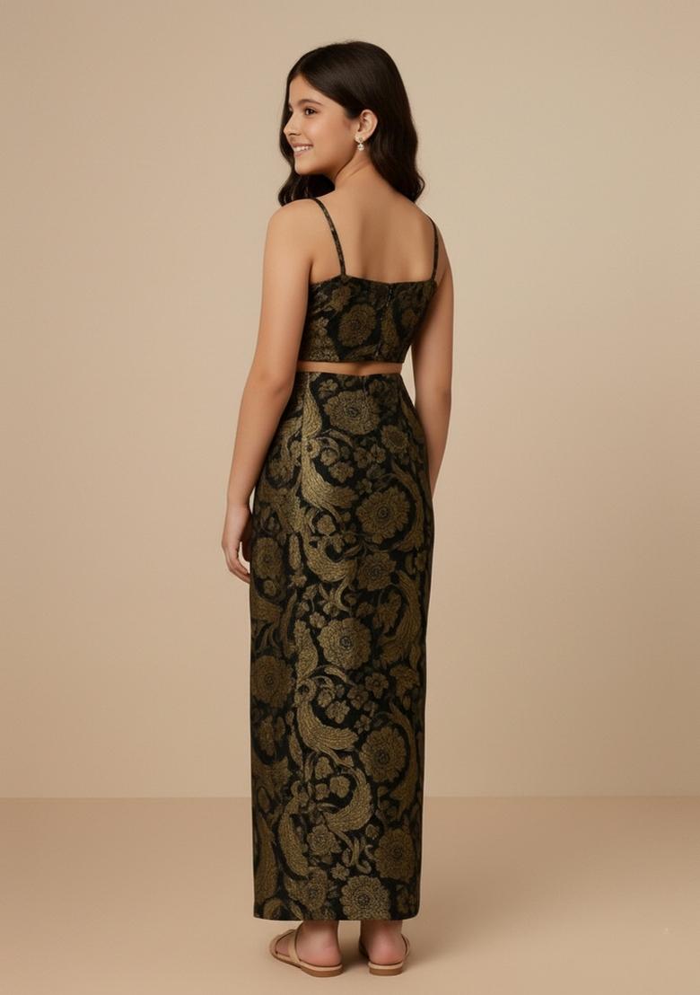 Girls Black Brocade Fusion Set - Indya