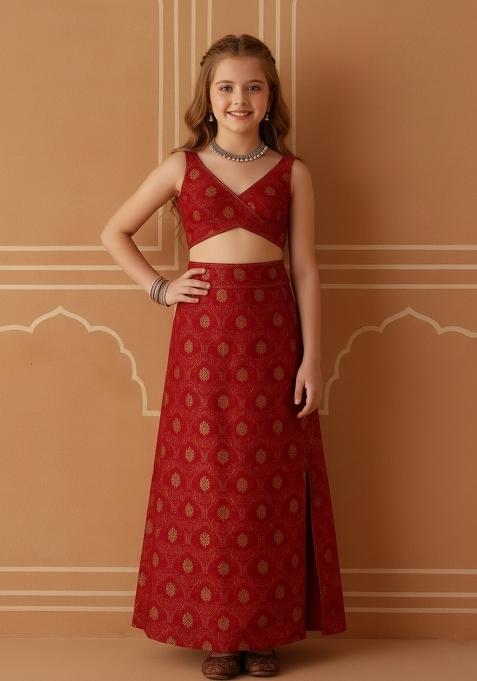 Girls Red Brocade Fusion Set