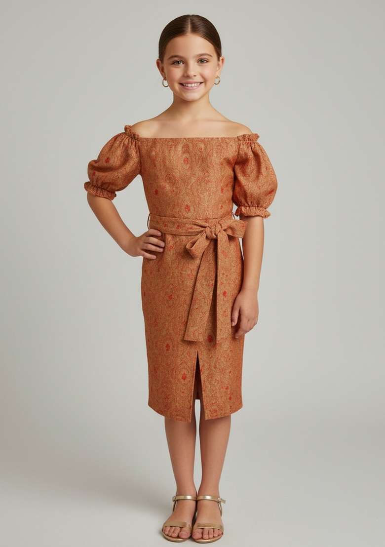 Girls Peach Brocade Co-Ord Set - Indya
