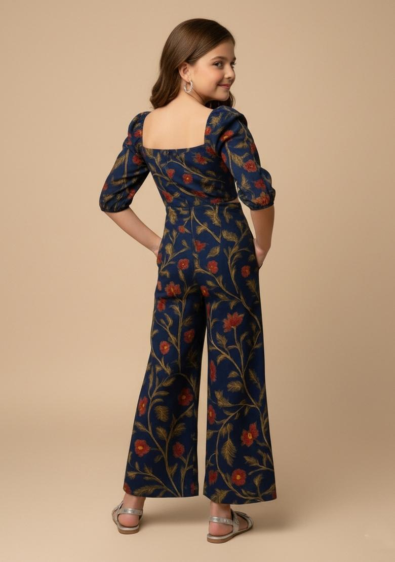 Girls Blue Floral Print Georgette Co-Ord Set - Indya