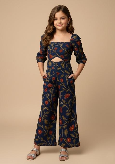 Girls Blue Floral Print Georgette Co-Ord Set