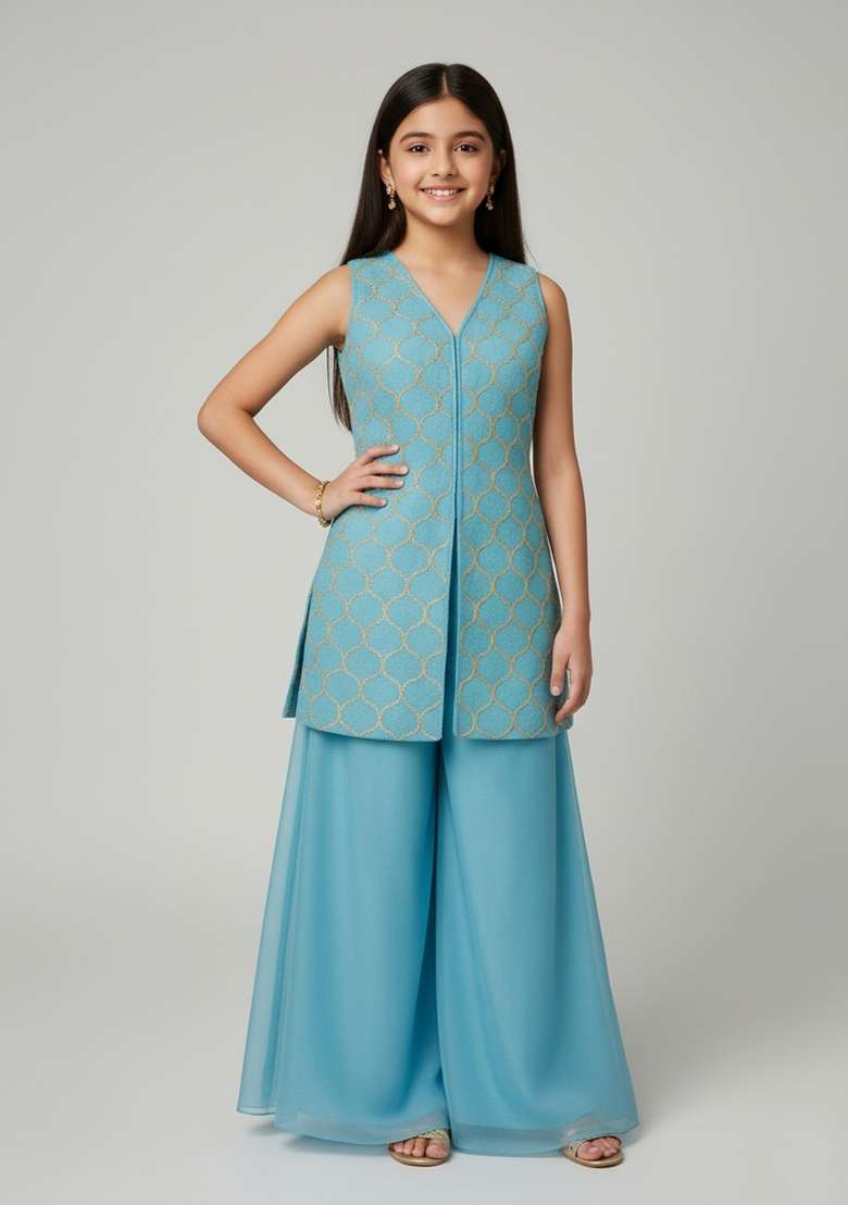 Girls Sky Blue Embroidered Sharara Set - Indya