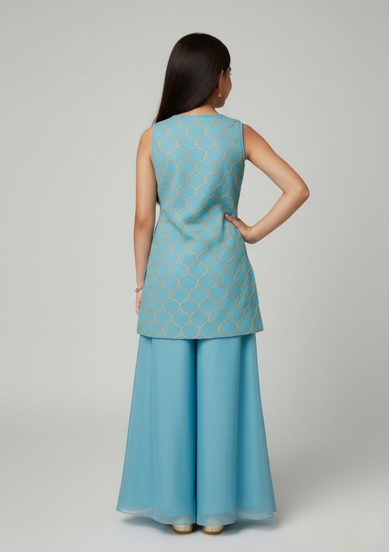 Girls Sky Blue Embroidered Sharara Set - Indya