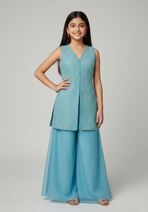 Girls Sky Blue Embroidered Sharara Set