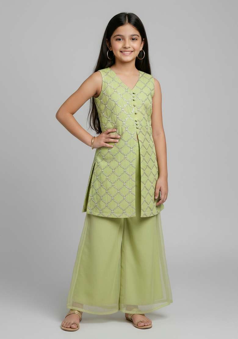 Girls Parrot Green Embroidered Organza Sharara Set - Indya