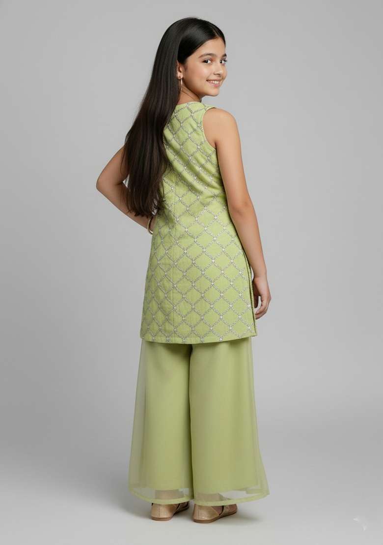 Girls Parrot Green Embroidered Organza Sharara Set - Indya