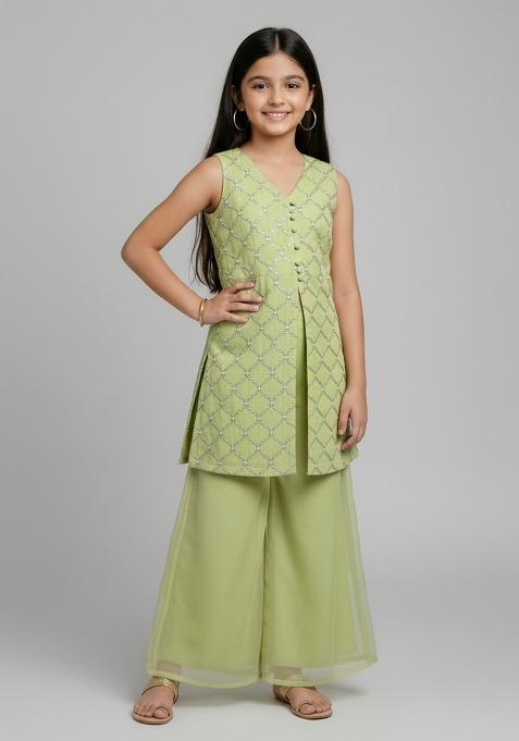 Girls Parrot Green Embroidered Organza Sharara Set