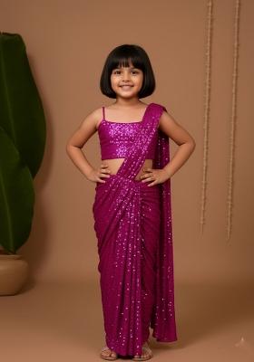 Girls Hot Pink Sequin Georgette Pre Draped Saree Set