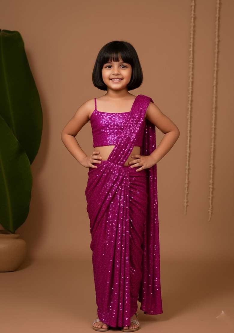 Girls Hot Pink Sequin Pre Draped Saree Set - Indya