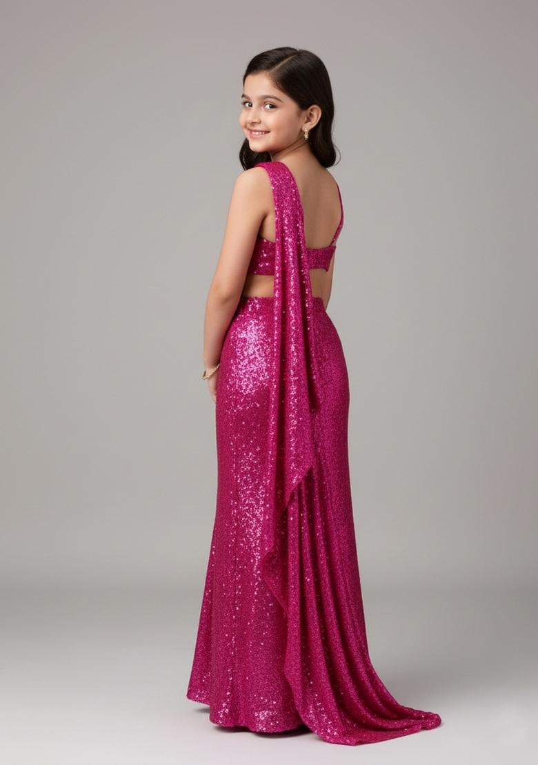 Girls Hot Pink Sequin Pre Draped Saree Set - Indya