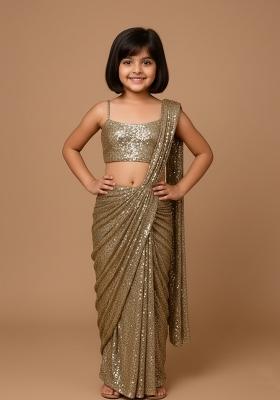 Girls Rose Gold Embellished Georgette Pre Draped Saree Set