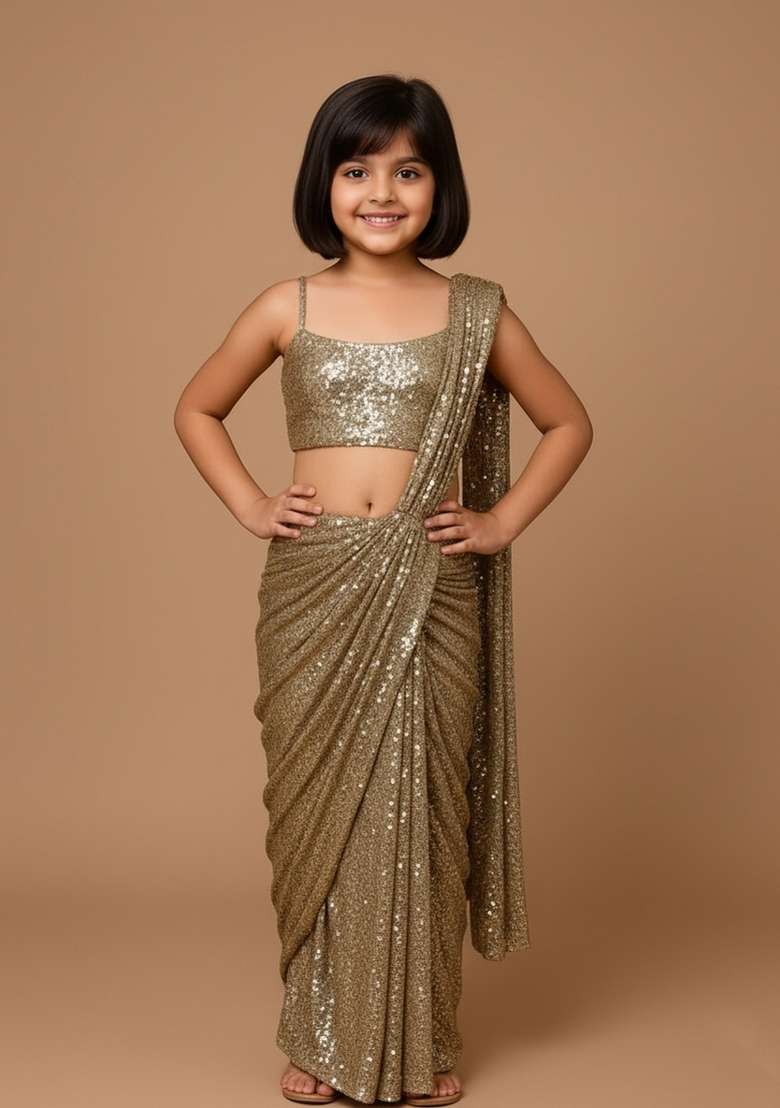 Girls Rose Gold Embellished Georgette Pre Draped Saree Set - Indya