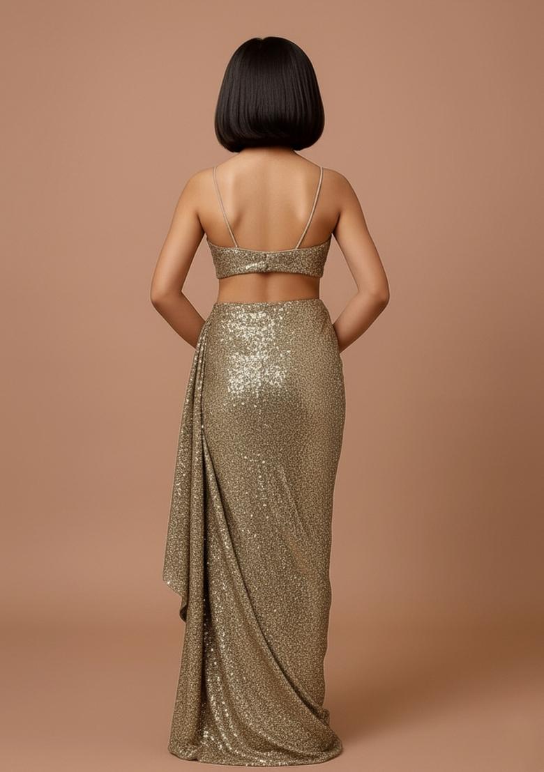 Girls Rose Gold Embellished Georgette Pre Draped Saree Set - Indya