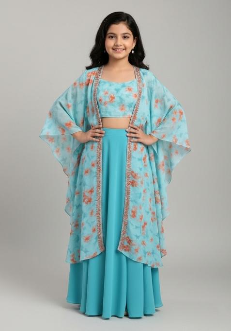 Girls Sky Blue Floral Print Crepe Fusion Set
