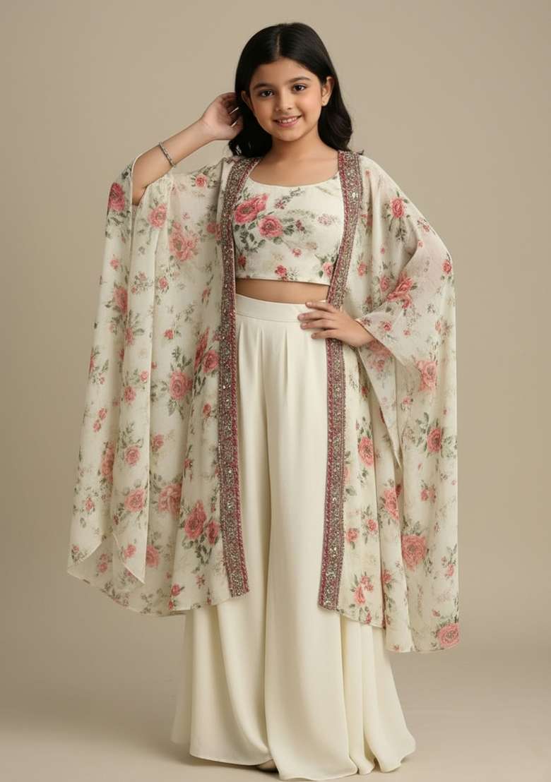 Girls Light Beige Floral Print Crepe Fusion Set - Indya