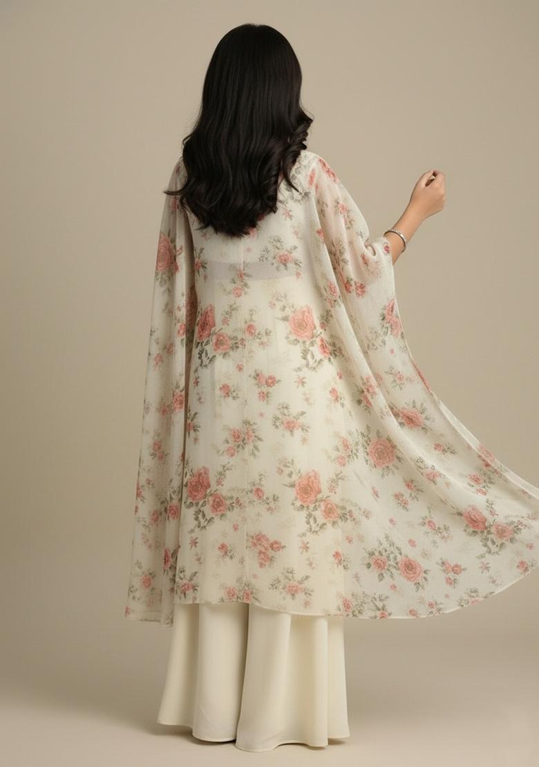 Girls Light Beige Floral Print Crepe Fusion Set - Indya