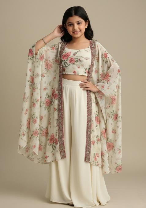 Girls Light Beige Floral Print Crepe Fusion Set