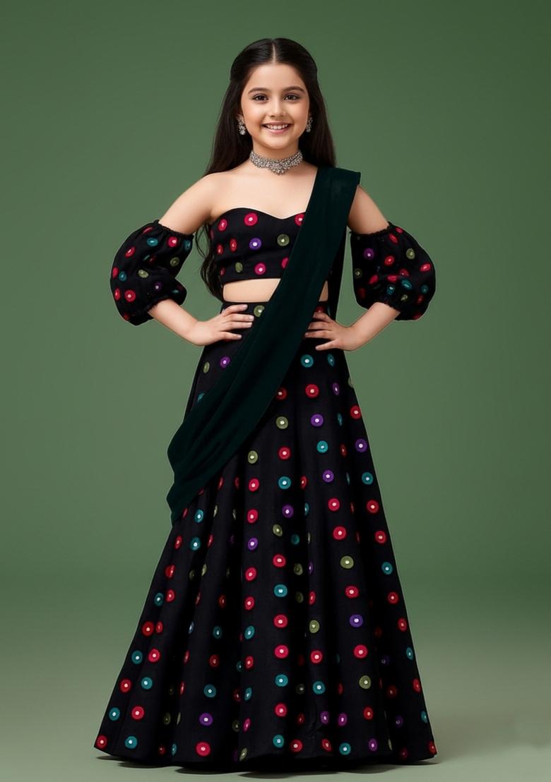 Girls Black Abstract Print Satin Lehenga Set