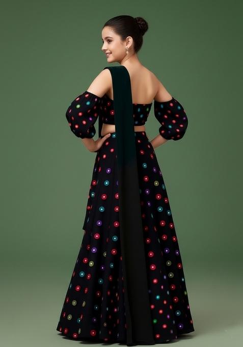Girls Black Abstract Print Satin Lehenga Set