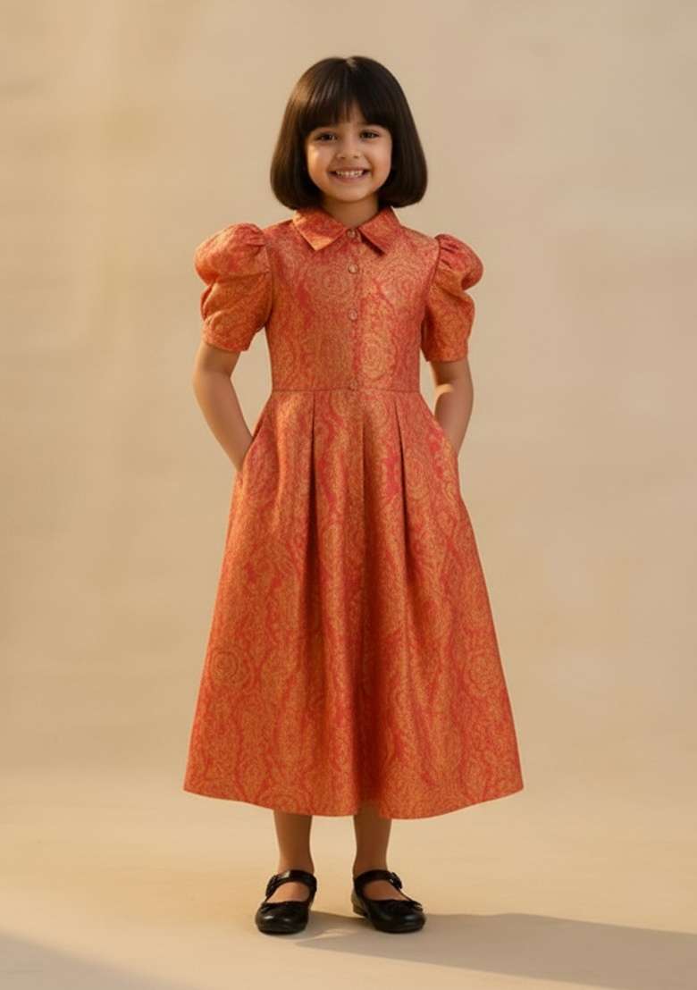 Girls Peach Brocade Dress - Indya