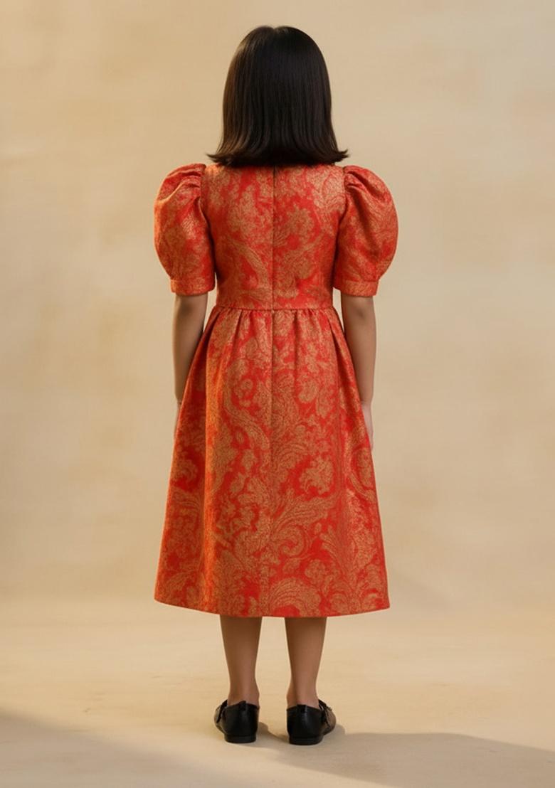 Girls Peach Brocade Dress - Indya