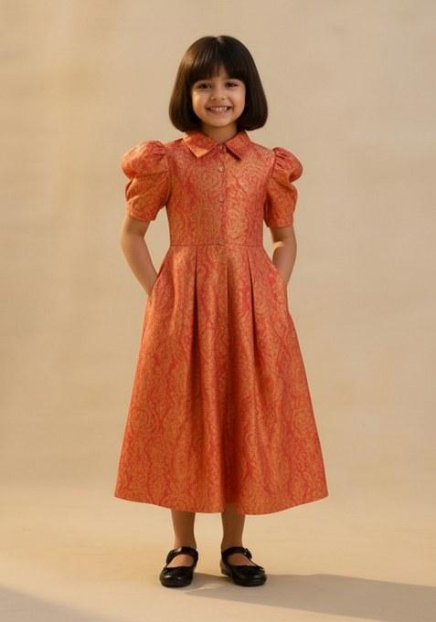 Girls Peach Brocade Dress