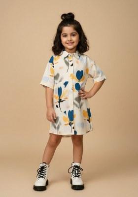 Girls White Abstract Print Cotton Dress