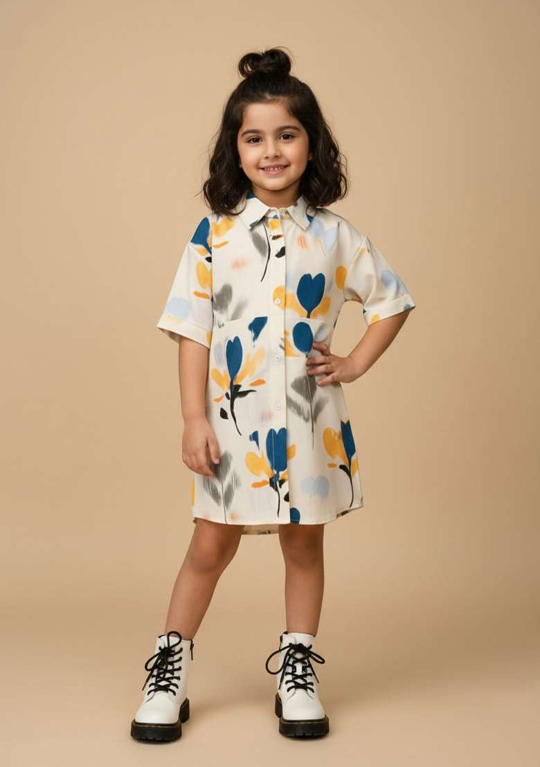 Girls White Abstract Print Cotton Dress - Indya