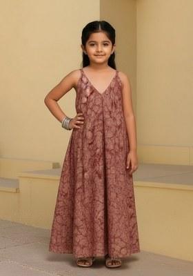 Girls Rust Floral Print Cotton Dress