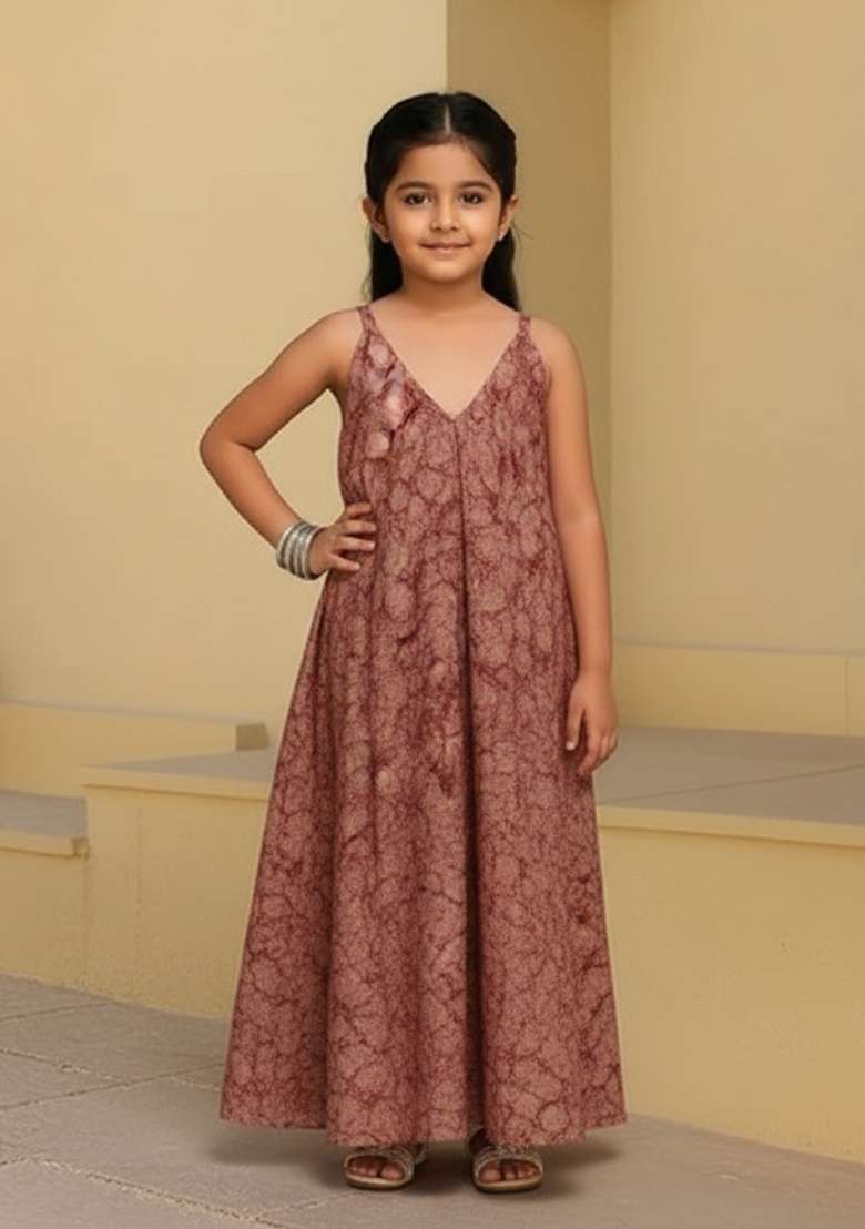Girls Rust Floral Print Cotton Dress - Indya