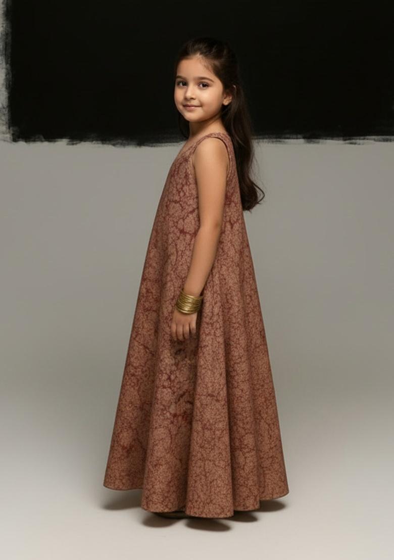 Girls Rust Floral Print Cotton Dress - Indya