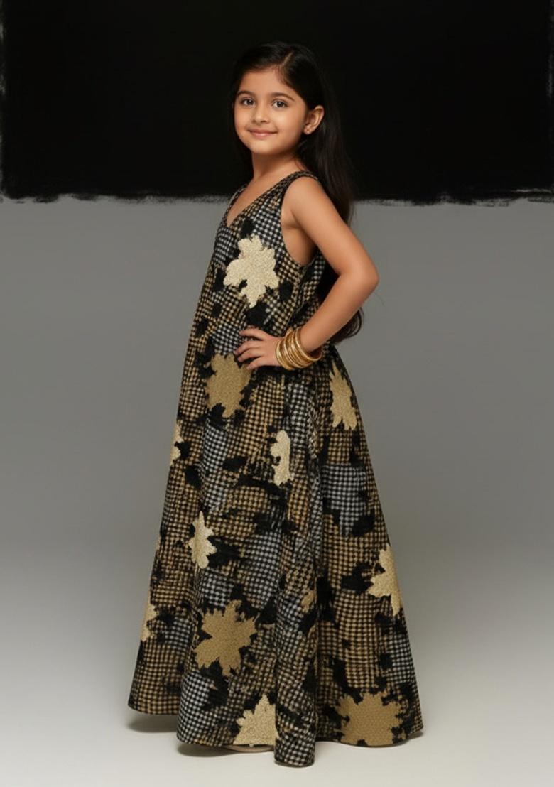 Girls Green Floral Print Cotton Dress