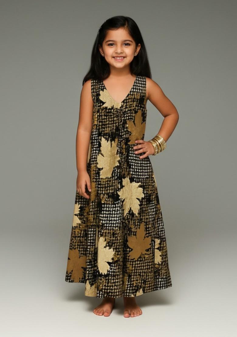 Girls Green Floral Print Cotton Dress