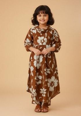 Girls Brown Floral Print Cotton Dress