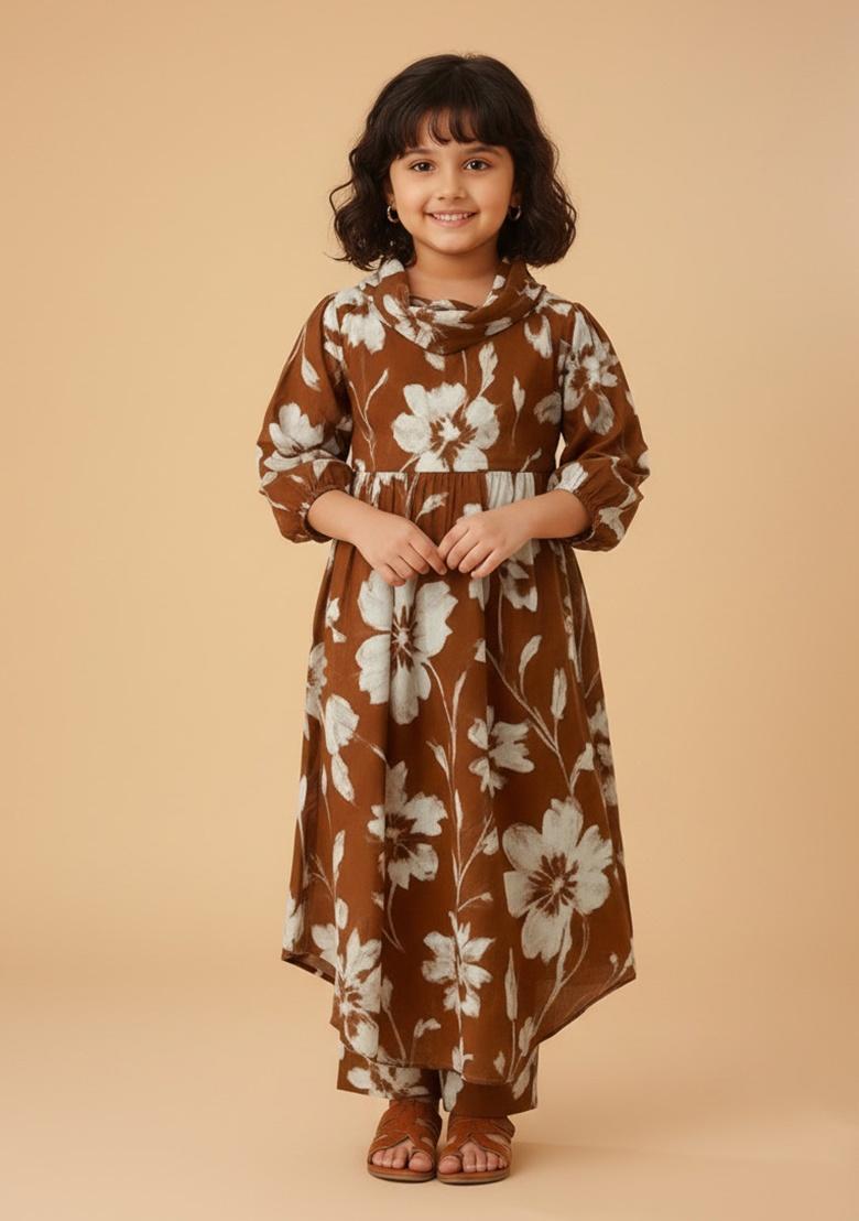 Girls Brown Floral Print Cotton Dress