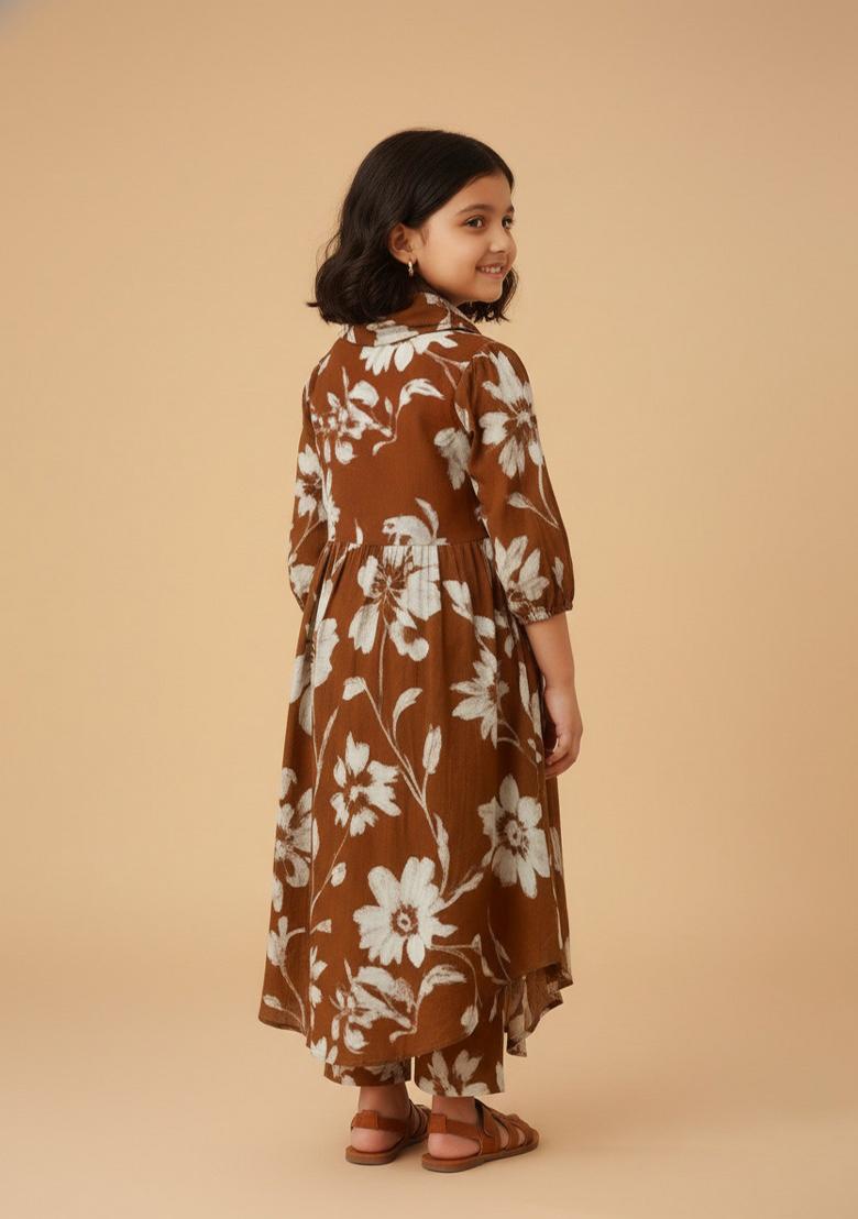 Girls Brown Floral Print Cotton Dress
