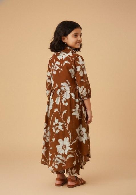 Girls Brown Floral Print Cotton Dress