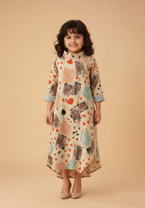 Girls Multicolor Abstract Print Cotton Dress