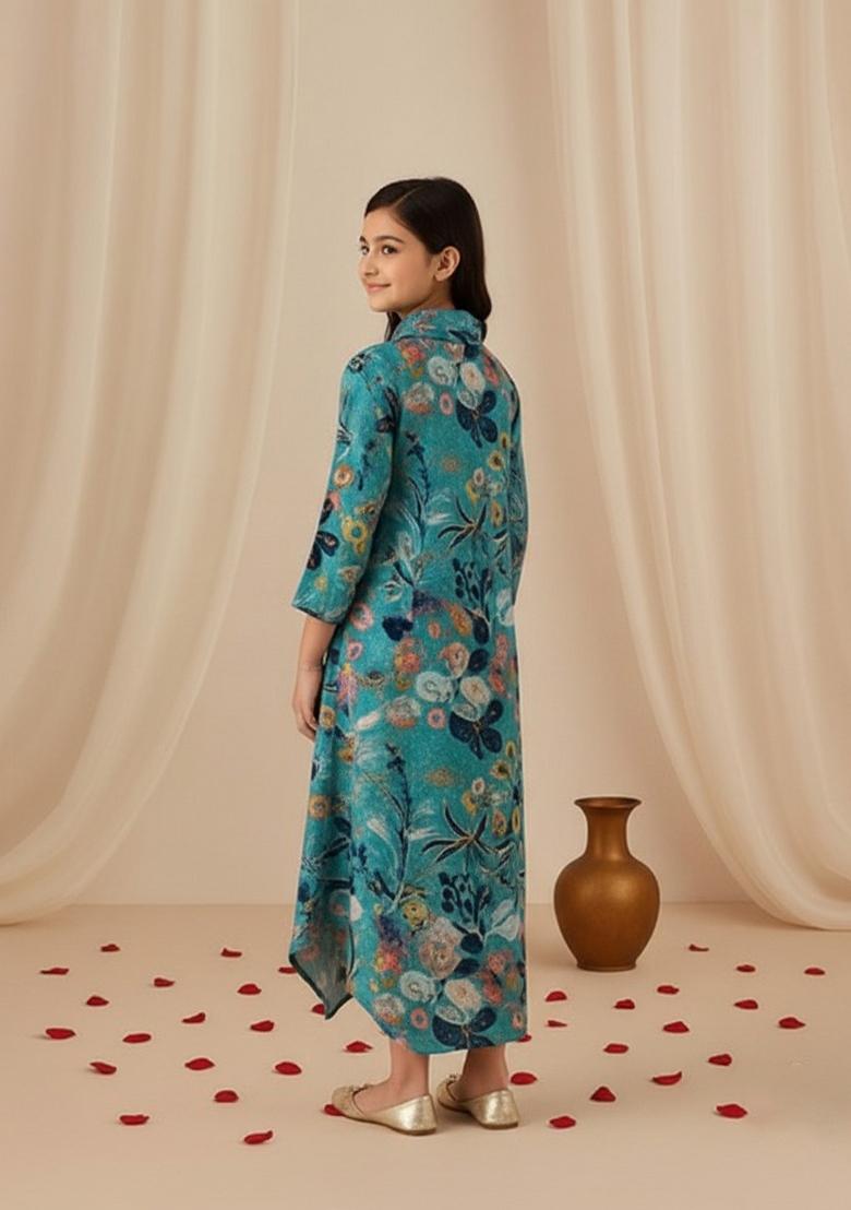 Girls Multicolor Floral Print Cotton Dress