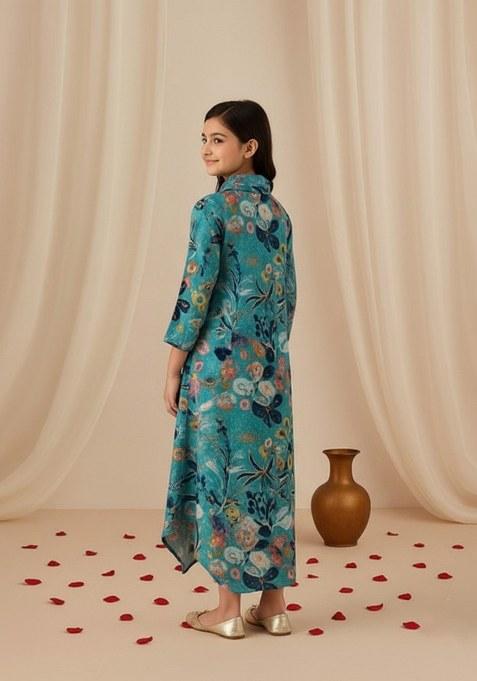 Girls Multicolor Floral Print Cotton Dress