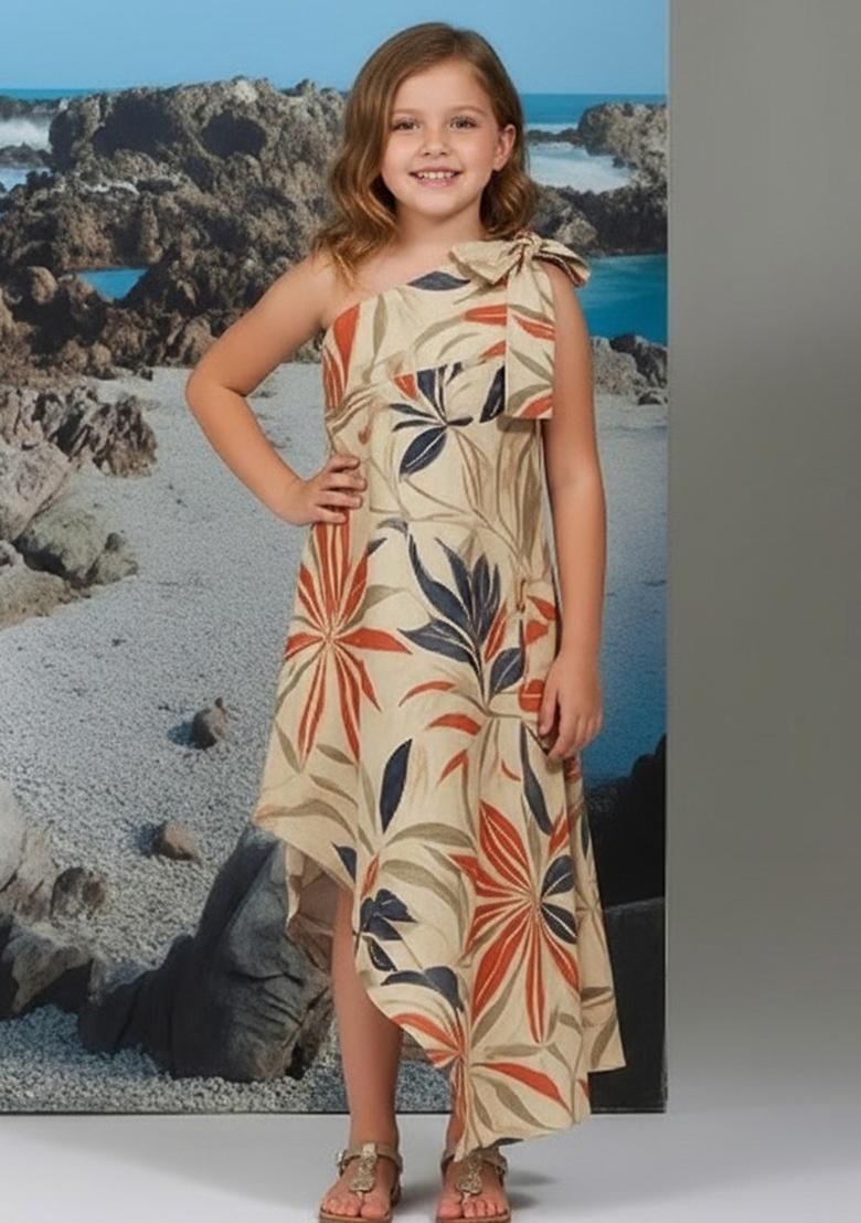 Girls Off White Floral Print Cotton Linen Dress