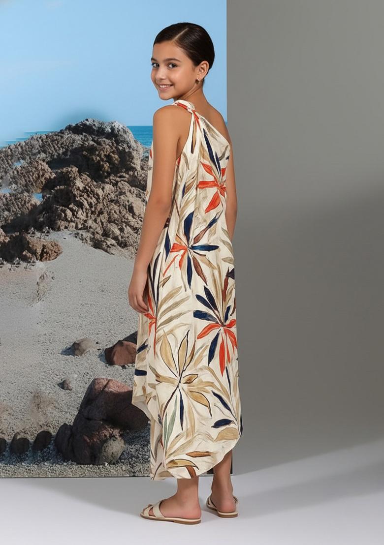 Girls Off White Floral Print Cotton Linen Dress - Indya