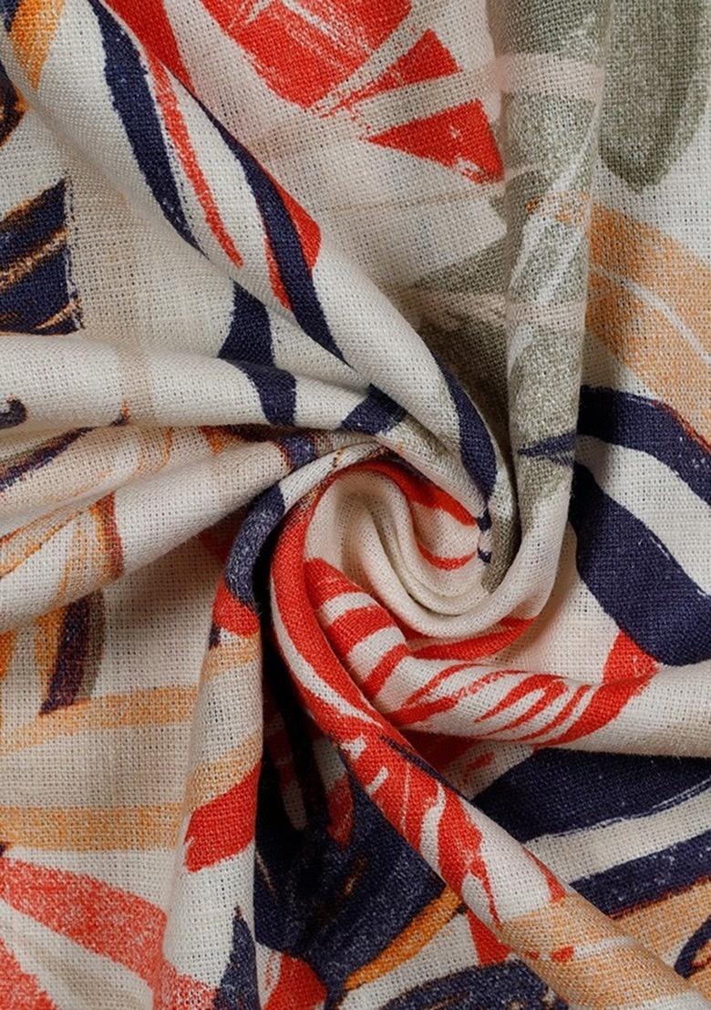 Girls Off White Floral Print Cotton Linen Dress - Indya