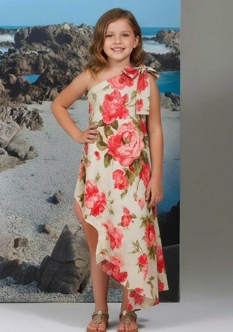 Girls White Floral Print Cotton Linen Dress