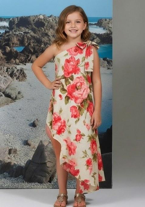 Girls White Floral Print Cotton Linen Dress