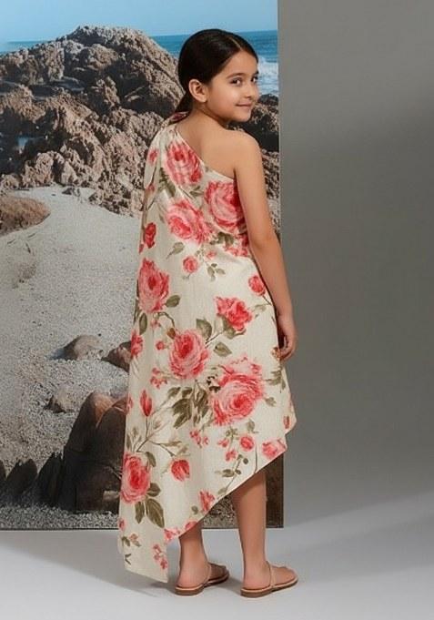 Girls White Floral Print Cotton Linen Dress