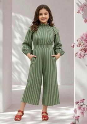 Girls Green Striped Poplin Jumpsuit