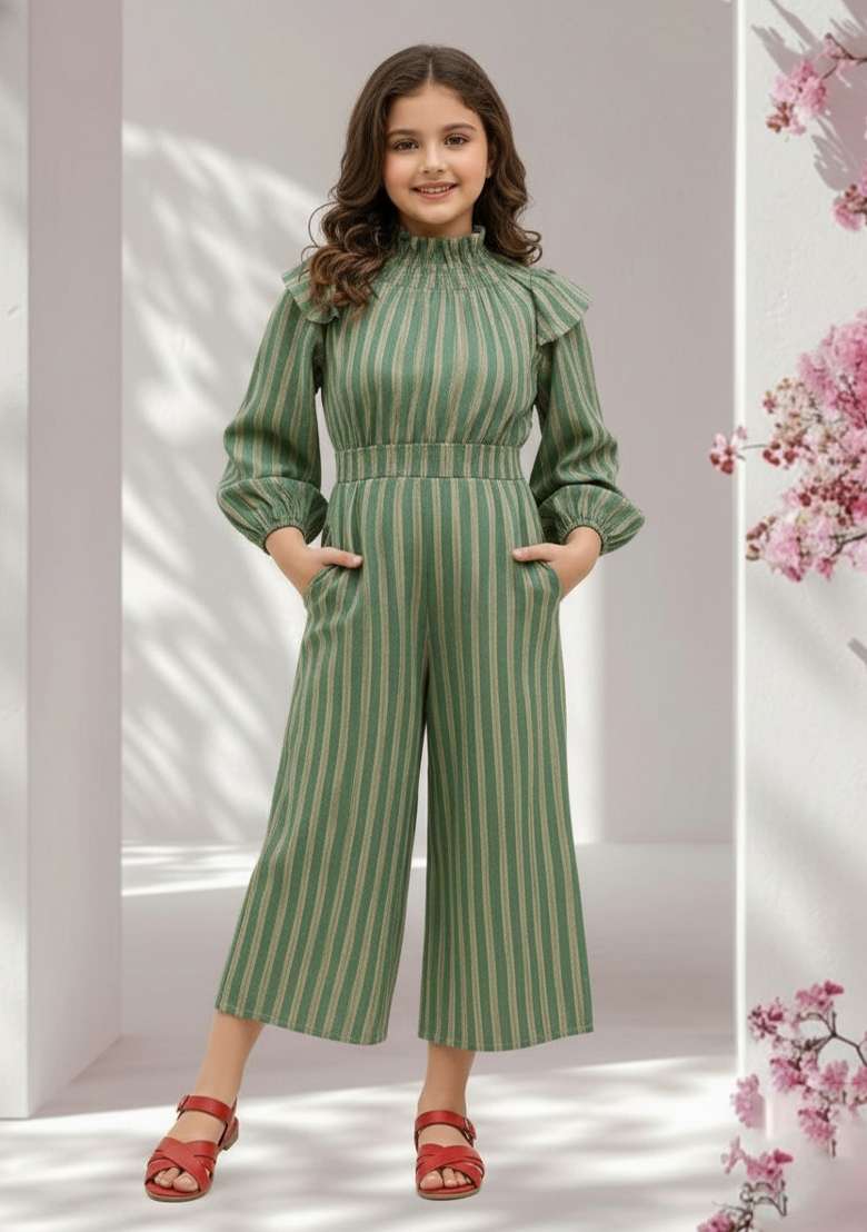 Girls Green Striped Poplin Jumpsuit - Indya
