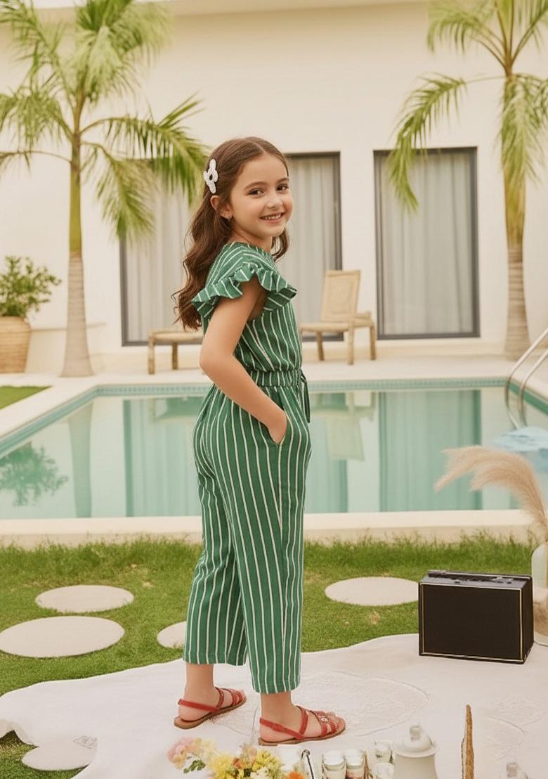 Girls Green Striped Poplin Jumpsuit - Indya
