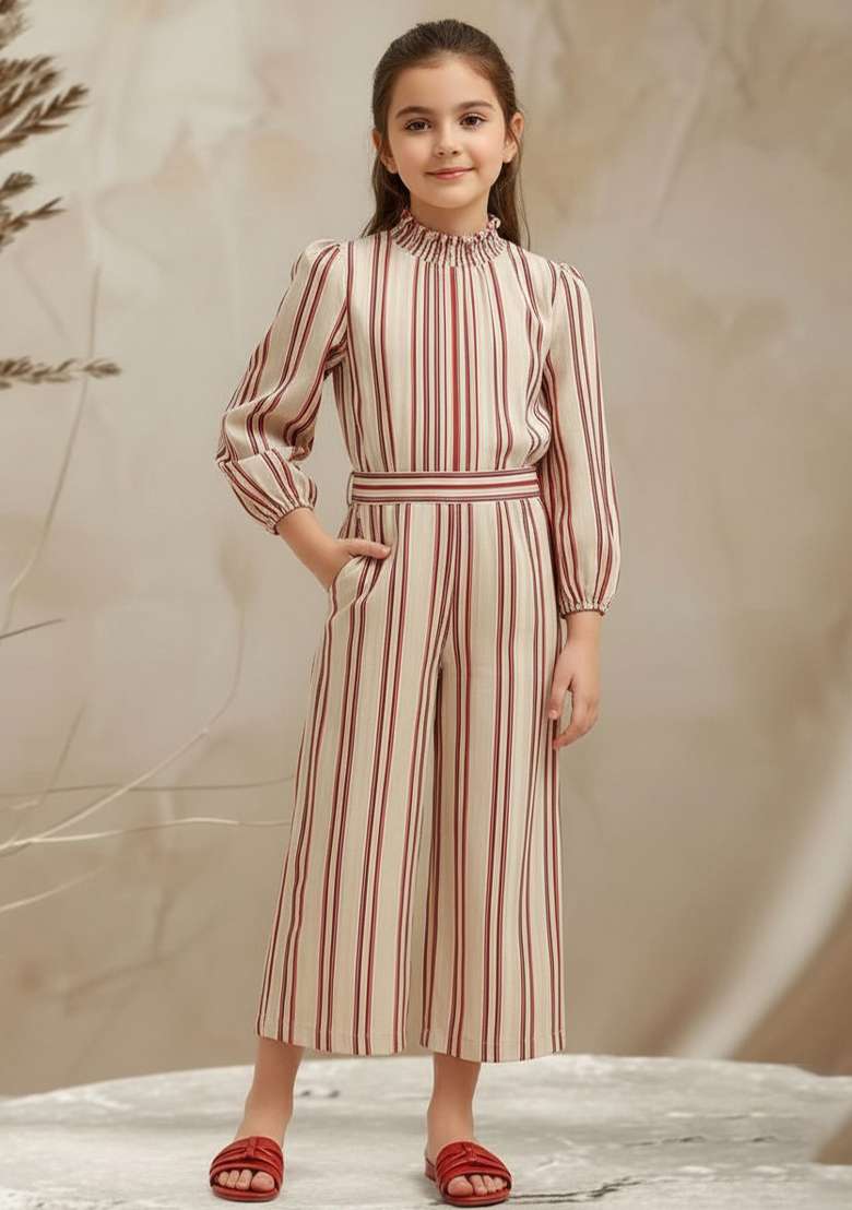 Girls White Striped Poplin Jumpsuit - Indya